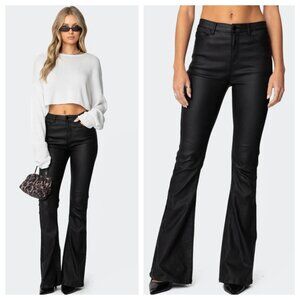 Edikted Luna Faux Leather Black Mid Rise Flare Jeans